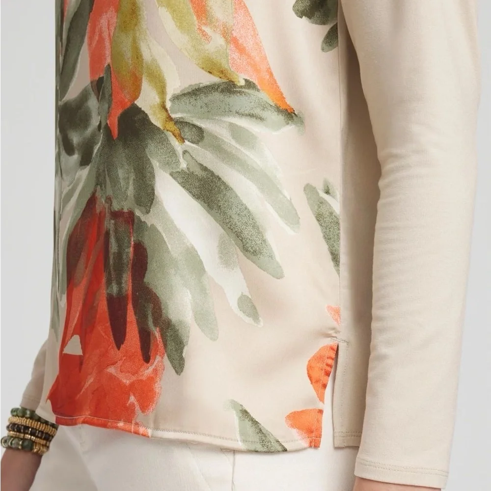 Chico's Women’s Satin Garden Long Sleeve Tee Size 3 XL Beige Floral Scoop Neck